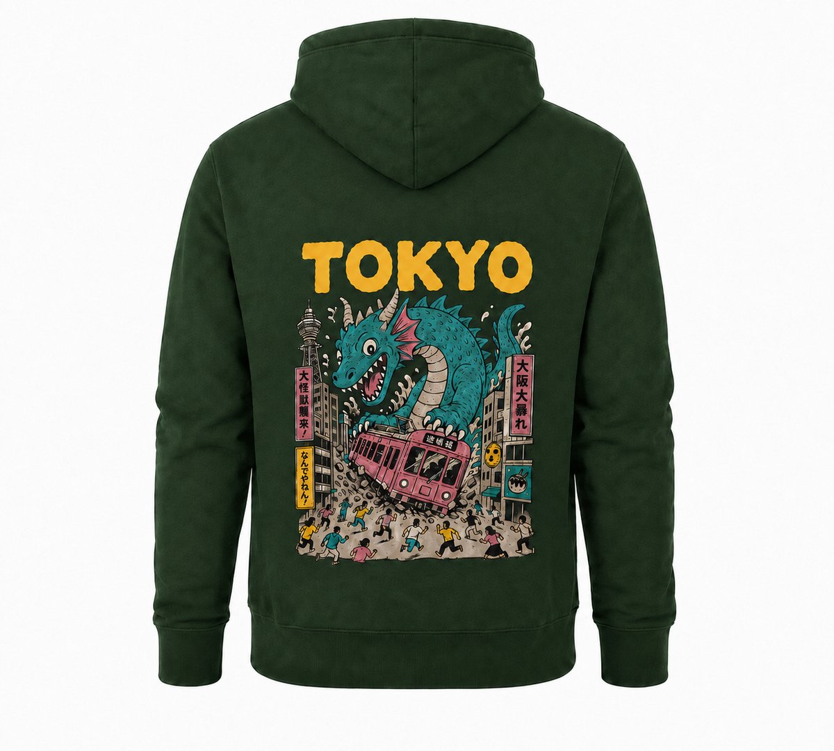 Hoodie Heren met capuchon – Hoodie met Tokyo Dragon Print – Streetwear – Donkergroen - S