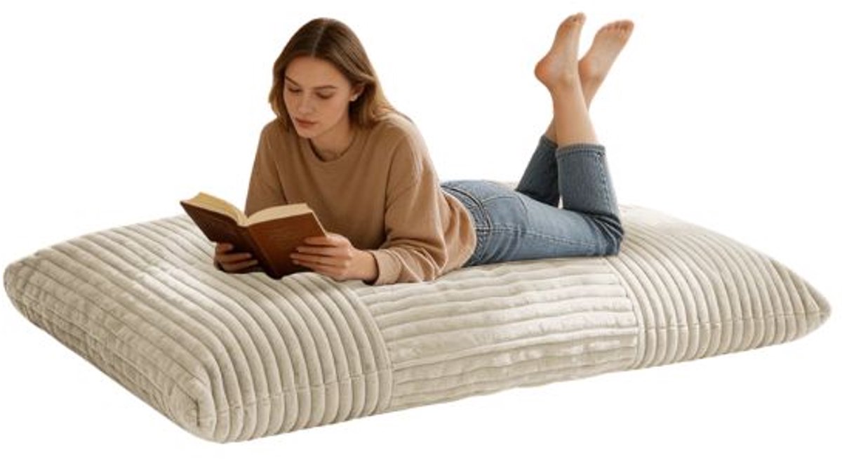 Emvae Zitzak - Poef - Lounge zak - Vloerkussen - XXL - Afneembare hoes - 180 x 125 cm - Memory Foam - Corduroy/Flanel - Wit Creme