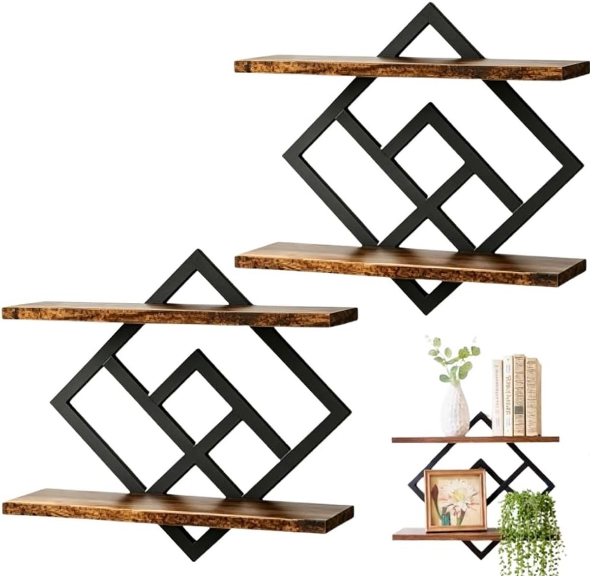Set van 2 Wandplanken van Hout en Metaal, Drijvende Planken voor Woonkamer, Slaapkamer en Keuken, Decoratieve Opbergplanken met 2 Niveaus