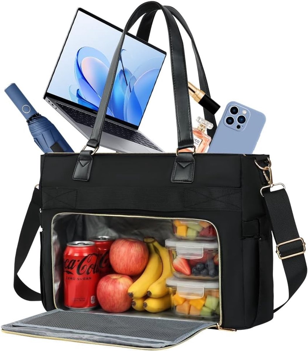 Draagtas voor dames, geïsoleerde lunchtas en laptoptas voor 15,6-inch laptops, grote handtas met lange schouderband voor werk, school en kantoor - zwart en praktisch