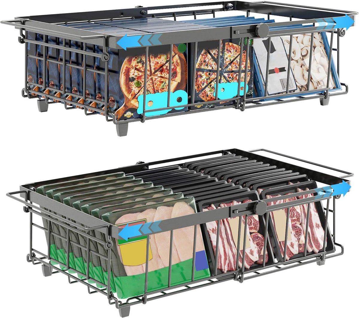 Manden voor vriezer, zwart, vrieskastorganizer, metalen mand, koelkastdozen (2 stuks)