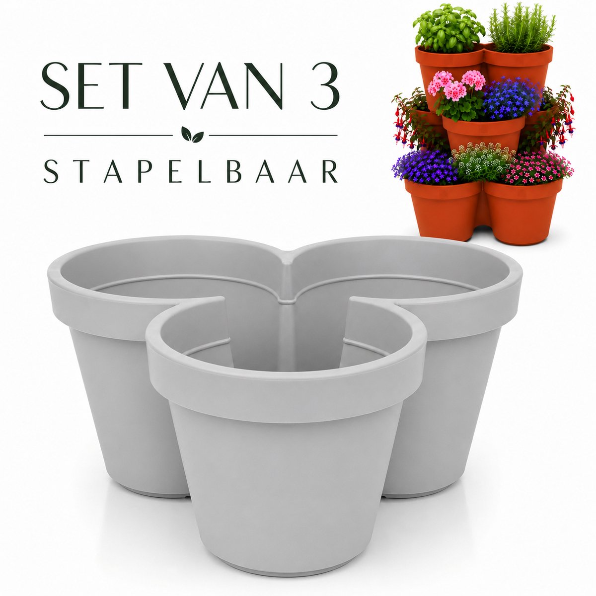 Benza – Stapelbare Bloempot Set van 3 – Ø 44 x 20 cm – 9 Plantvakken – Lichtgrijs – 90% Gerecycled Materiaal