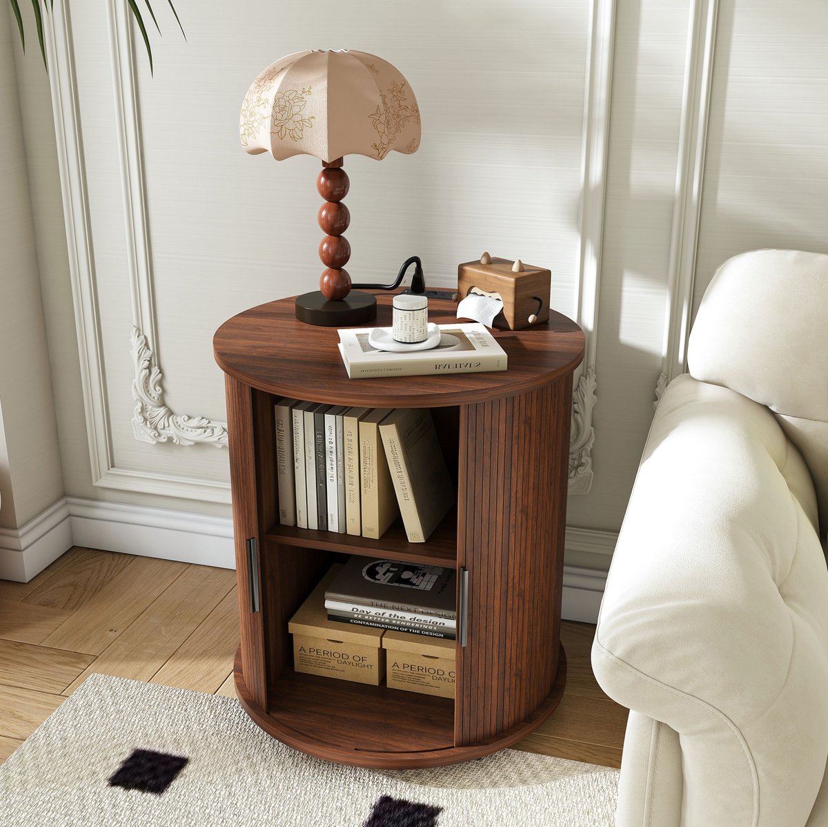 OKWISH Bedtafel - Mid-Century Design Met Laadstation En Schuifdeur - 60x60x60 cm - Opbergruimte Voor Slaapkamer Of Woonkamer - MDF Walnootkleur