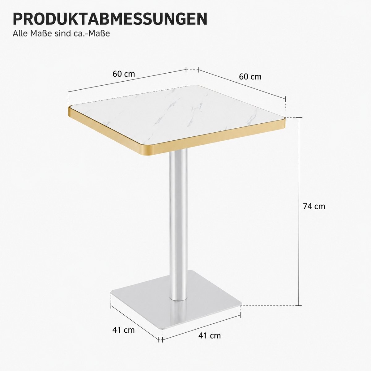OKWISH Eettafel - Vierkant 60 x 60 cm - Marmerlook Met Gouden Rand - Voor Eethoek, Bistro of Café - MDF en Metaal Wit - 74 cm Hoog