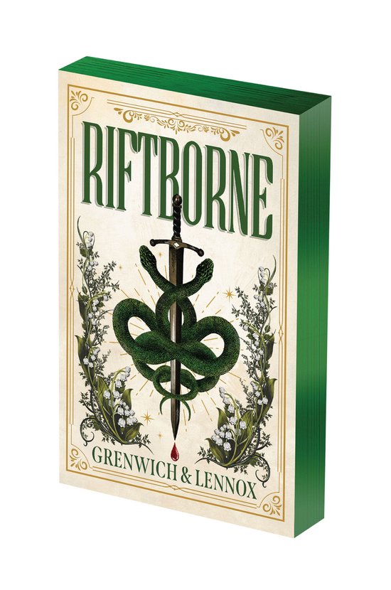Boek 'Riftborne' met een groene slang rond een zwaard, omringd door lelietjes-van-dalen. Goudkleurige letters en randen.