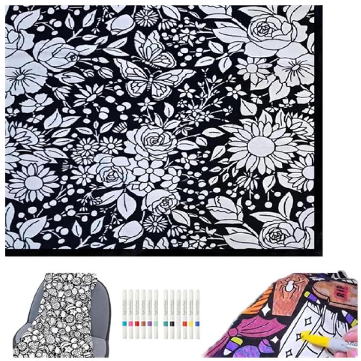 DIY Kleurdeken Met 12 Stiften - 150×125cm - wasbare kleurdeken - Doe-het-zelf schilderdeken - schilderdeken voor volwassenen - Gezellige Woondecoratie - Bloemenpatroon