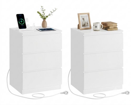 Conway Living® Nachtkastje - Bijzettafel - Set van 2 - Modern Design voor Woonkamer - Slaapkamer - 3 Lades - Nachtkastjes met 2 stopcontacten - 2 USB-poorten - 35x60x40 cm
