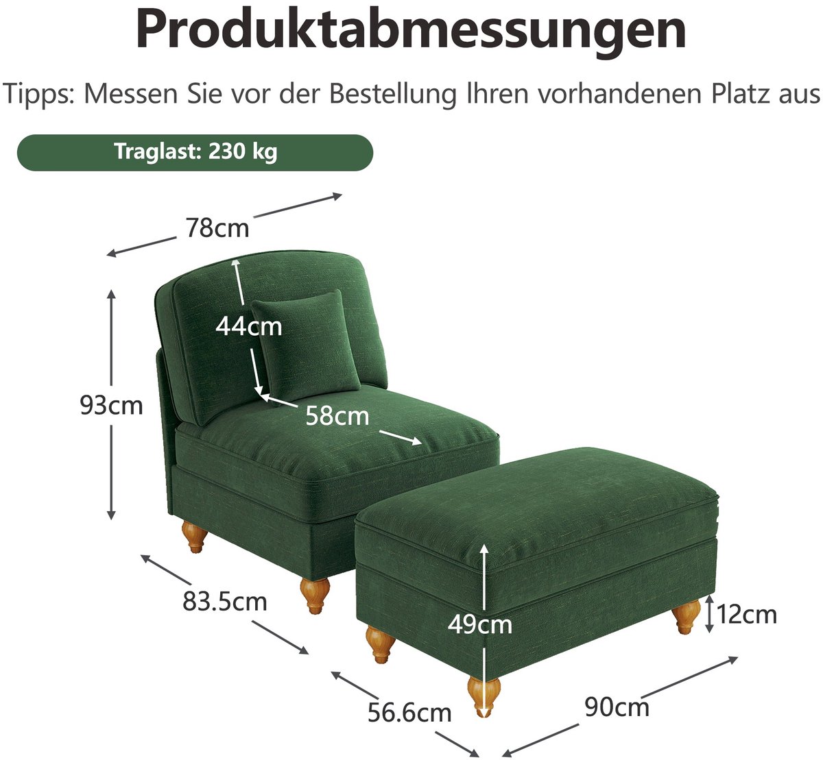 YYchan fauteuil met voetenbank - groen - 83,5 x 78 x 93 cm - voetenbank 90 x 56,6 x 49 cm