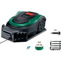 Bosch robotmaaier, laadstation, bevestigingskrammen, begrensdraad en connectoren.