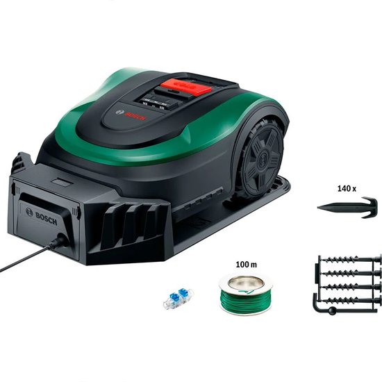 Bosch robotmaaier, laadstation, bevestigingskrammen, begrensdraad en connectoren.