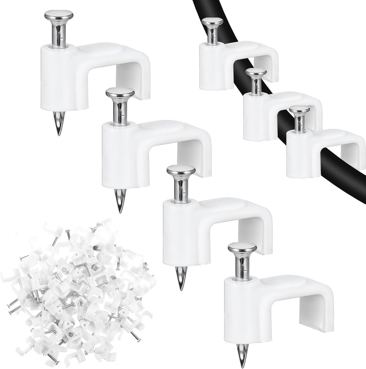 Thijox - 100 Stuks Platte Kabelklemmen, Witte Kabelclips, Nagelklemmen voor Kabelmanagement, Stalen Spijkers, 8 mm, Ideaal voor Huishouden, Kantoor, T