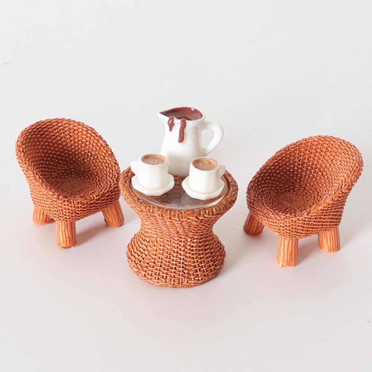Mini Tafelstoelen Set van 6 Stukken - Kunststof Rieten Stoelen met Tafel, Koffiepot en 2 Kopjes voor Balkon en Tuin Decoratie