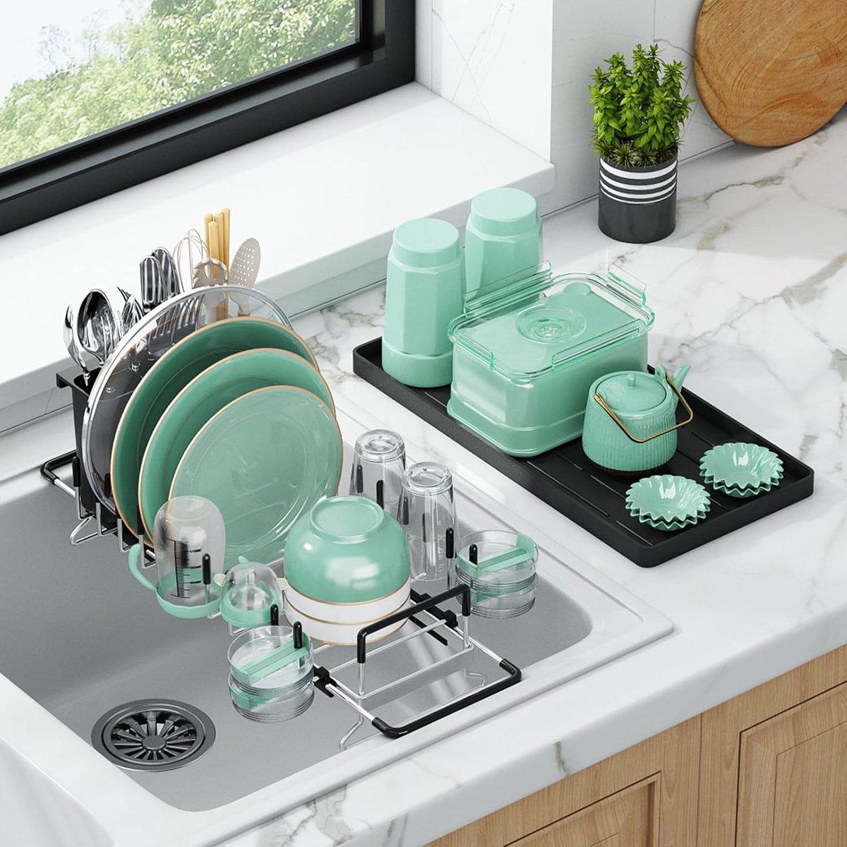 SnelShoppen - Uitbreidbare Afwasdoek Droger 304 RVS - Met Siliconen Afvoertray en Bestekhouder - Keuken Droogrek voor Spoelbak 35-48 cm, Ruimtebespare