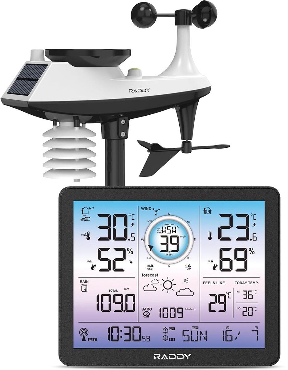 SnelShoppen - Draadloos Weerstation voor Binnen en Buiten, Thermometer met 7,4 Inch Digitaal Display in Paars, Radioklok, Temperatuur- en Vochtigheids
