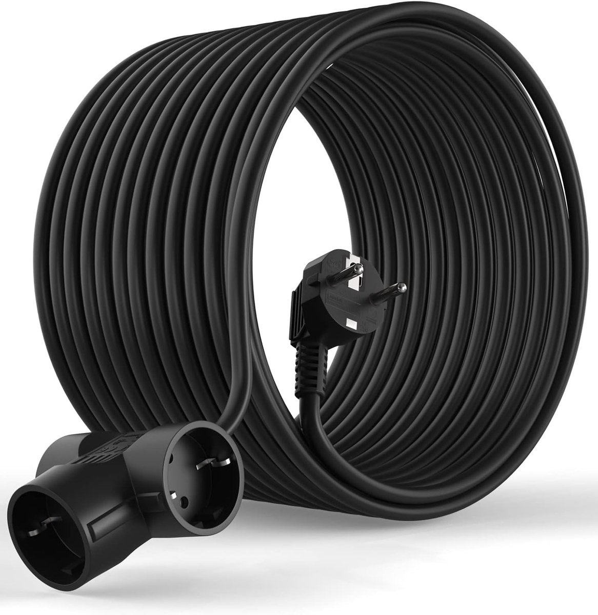 Thijox - 20 meter Schuko verlengsnoer met 3-voudige stopcontacten IP20 - Geaarde stekker en koppelingen - Zwart - Voor binnengebruik, werkplaats en in