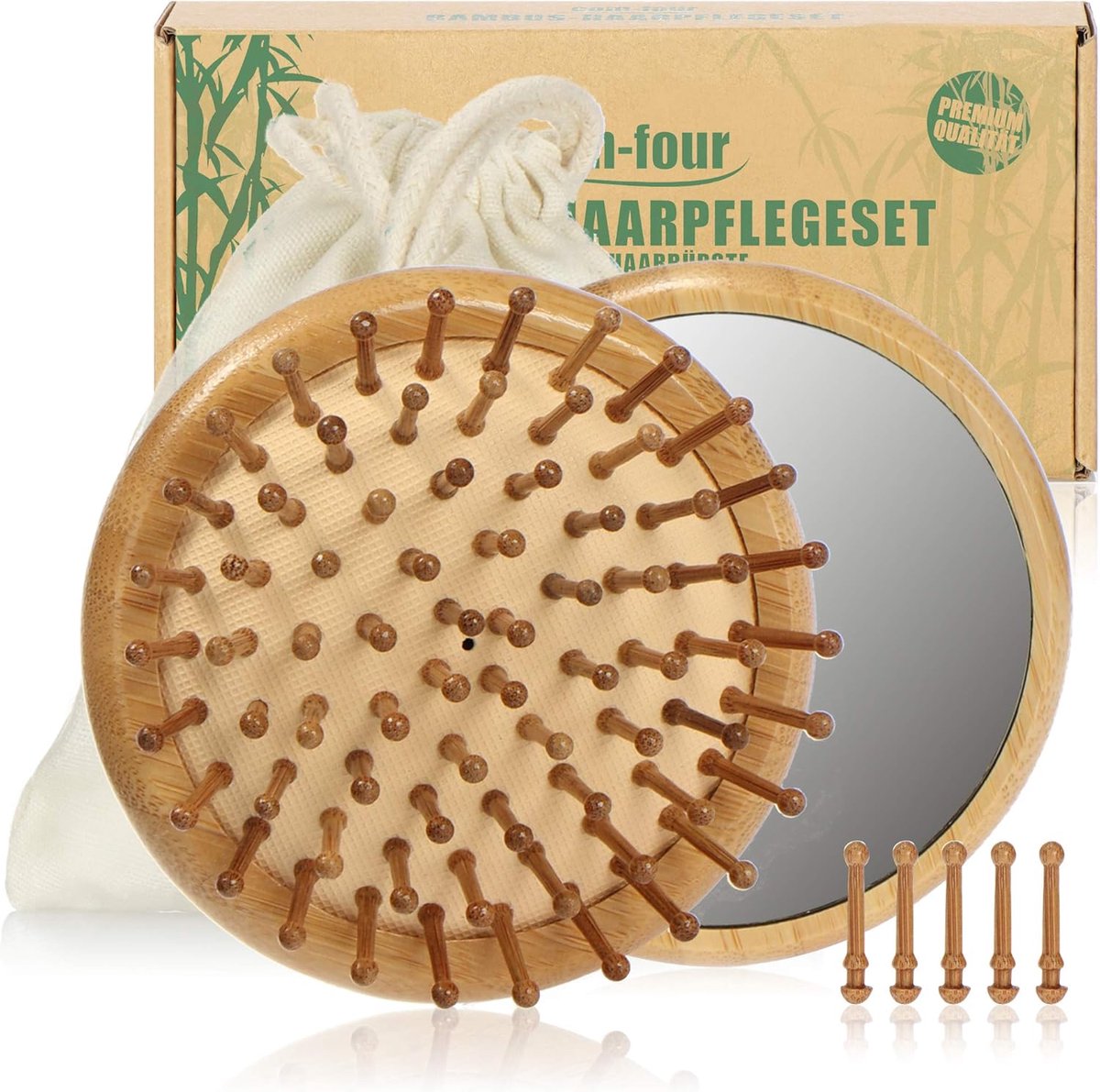 SnelShoppen - 2-delige Premium Haarverzorgingsset, Bamboo Ontklitborstel en Kleine Kapperspiegel, Ontklitborstel voor Alle Haartypes, Duurzaam en Eco-