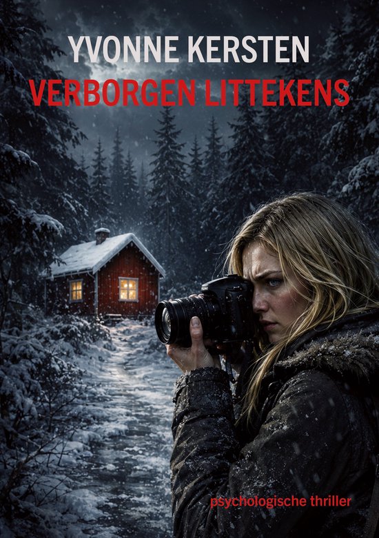 Een vrouw met blond haar, die een camera vasthoudt, kijkt door de lens. Achter haar is een besneeuwd bos met een klein rood huisje te zien. De tekst "YVONNE KERSTEN VERBORGEN LITTEKENS" staat bovenaan.