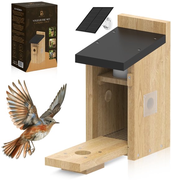 BRINSIC® Vogelhuisje met Camera en Zonnepaneel – Slim Vogelhuis met AI Vogelherkenning – Houten Nestkast voor Buiten – Vogelkijkhuis met Camera – Vogelobservatie in Real Time – Weerbestendig Vogelhuisje voor Tuinvogels