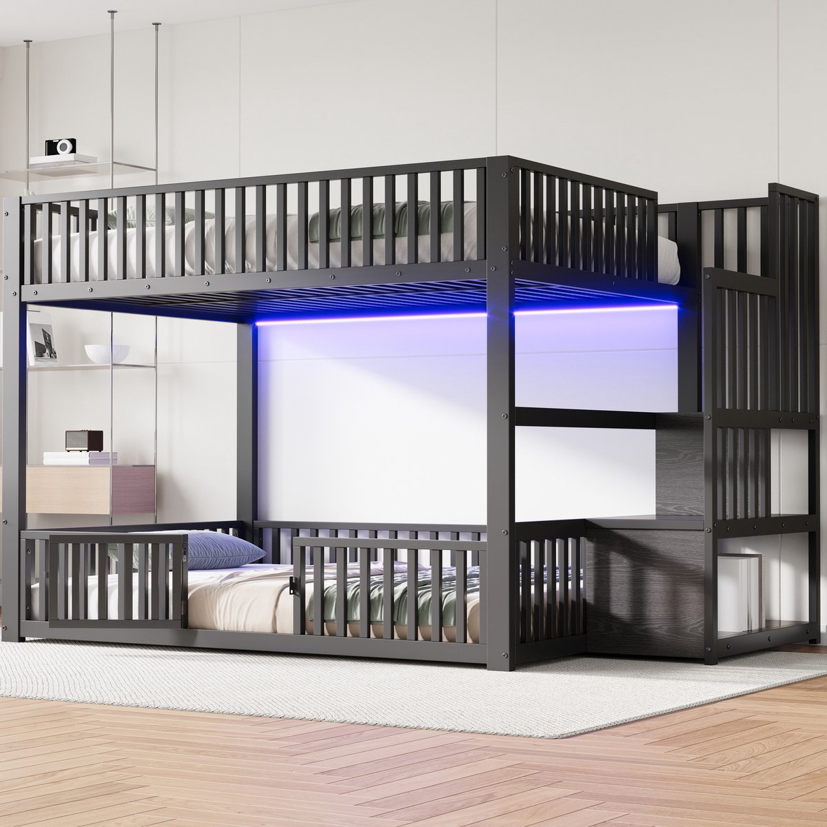 KOMHTOM Stapelbed - 140 x 200 cm - Opbergladder - LED-verlichting - Zwart