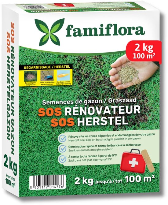 Verpakking Famiflora SOS graszaden 2kg, goed voor 100m². Een hand houdt graszaad vast.