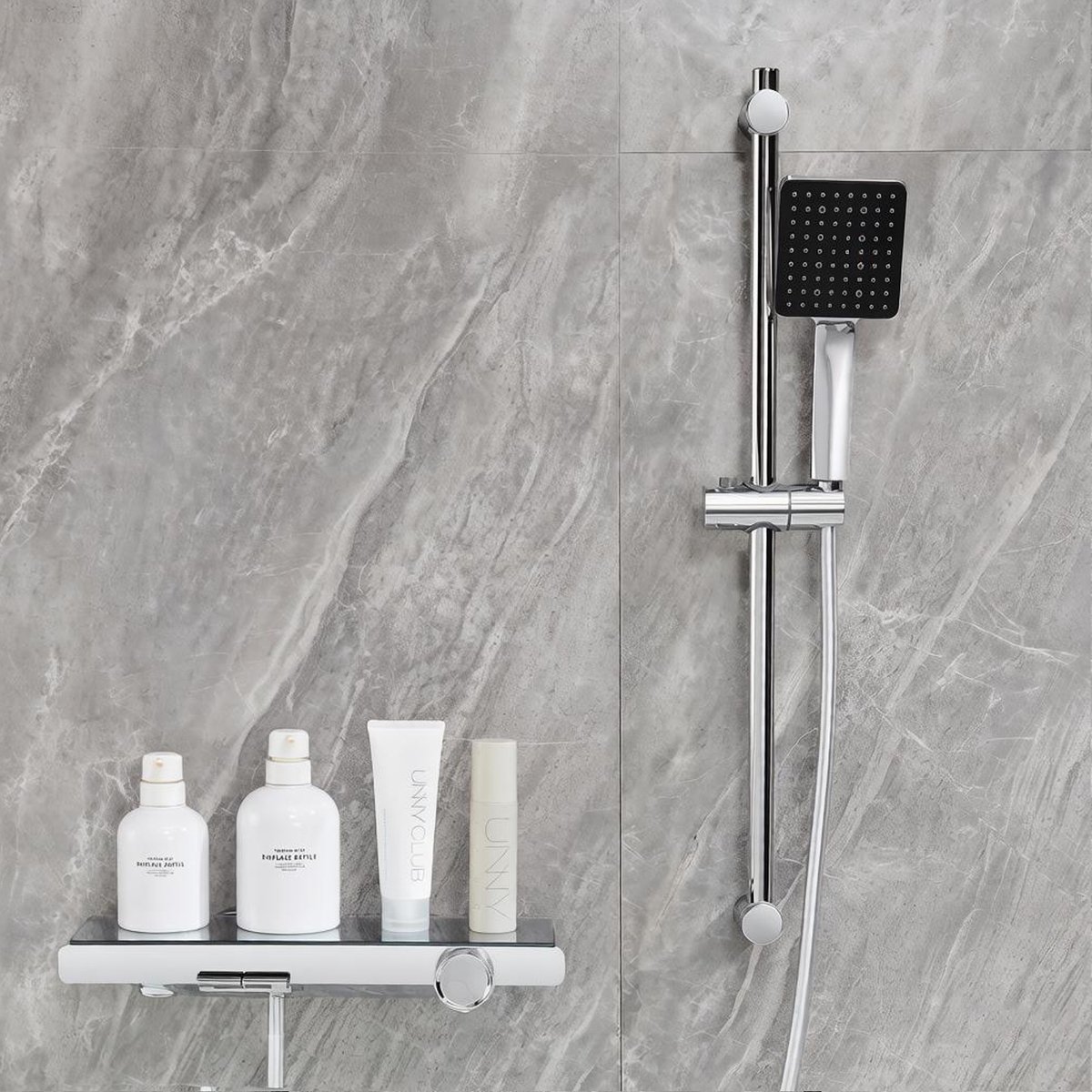 Auralum Max Doucheset - Badkraan met handdouche - Piano button Mengkraan - 6 Standen Douchekop - Met Groot Plankje - Douchestang 70 cm - Doucheslang 150cm - Waterbesparend - Chroom