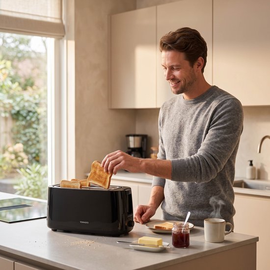 Homme en pull gris sortant une tranche de pain grillé d'un grille-pain noir. À côté d'une tasse de café fumante et d'un pot de confiture.