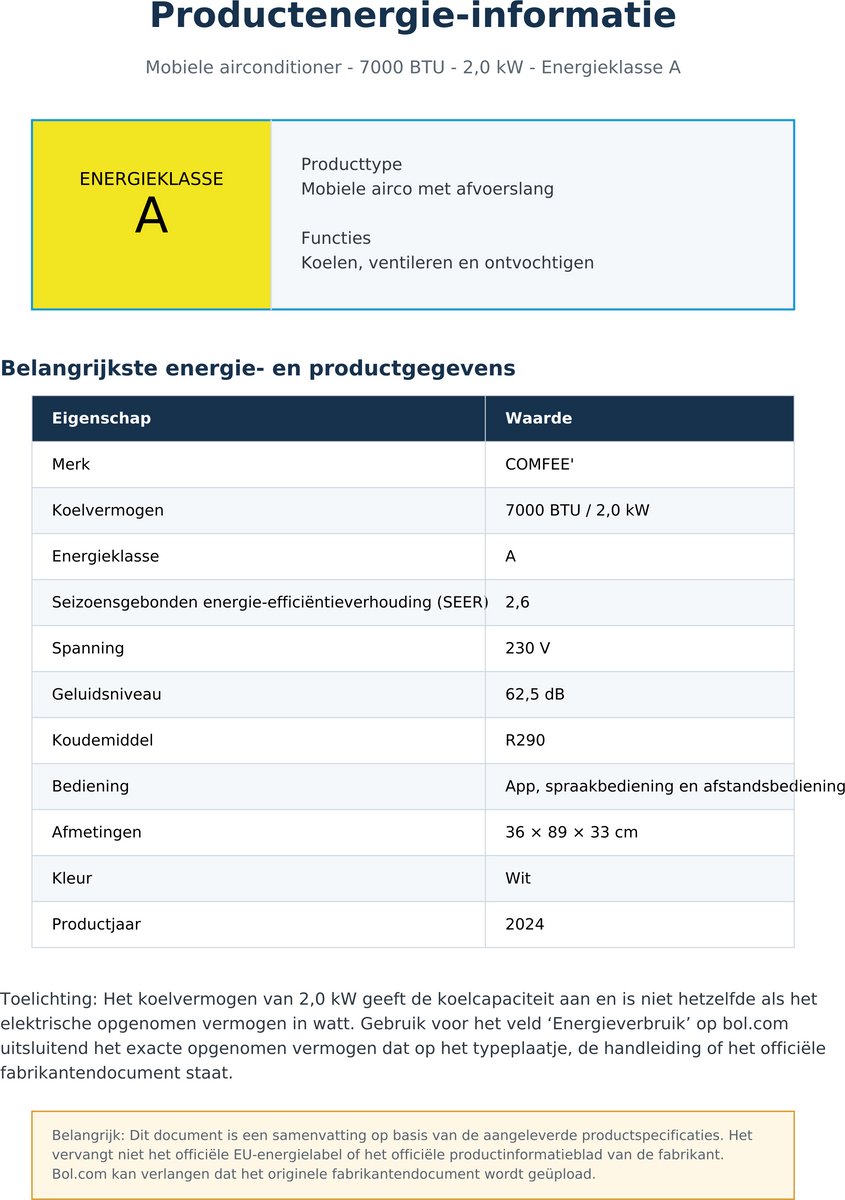 Mobiele airco 7000 BTU – 3-in-1 met appbediening, ontvochtiger en ventilator – 2,0 kW – Met afvoerslang – foto 2