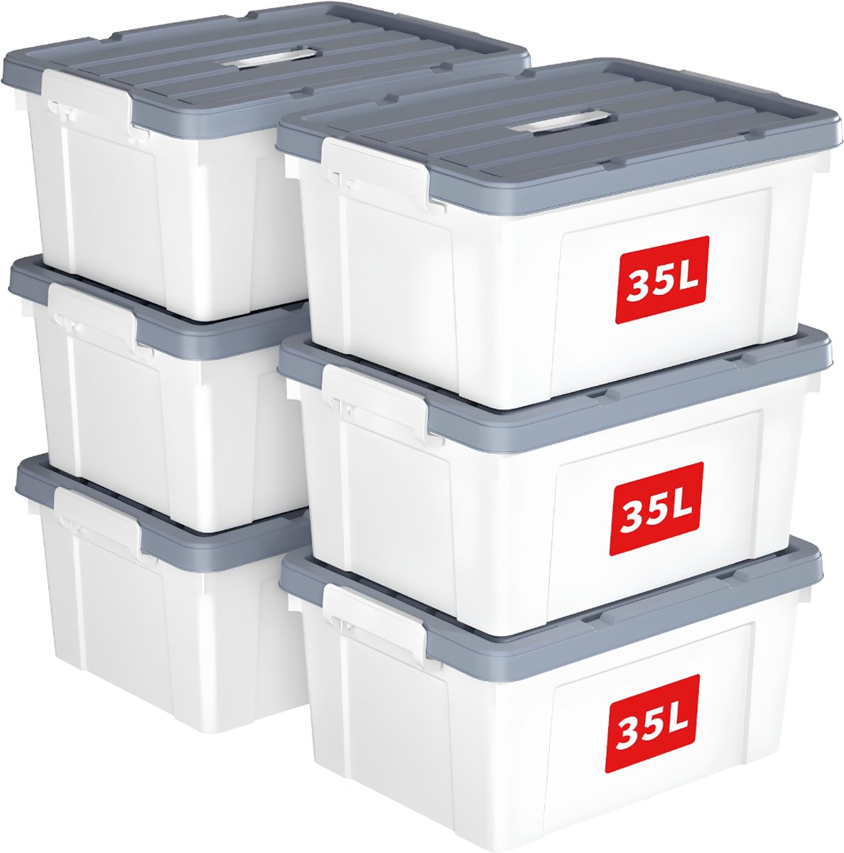 SP® Opbergbox - 6 Opbergdozen - Plastic Opbergdoos Met Deksel - Wit en Grijs - 51cm x 39cm x 25cm