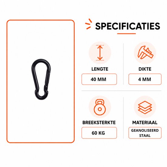 Zwarte karabijnhaak, 40 mm lengte, 4 mm dikte, 60 kg breeksterkte, gemaakt van geanodiseerd staal.