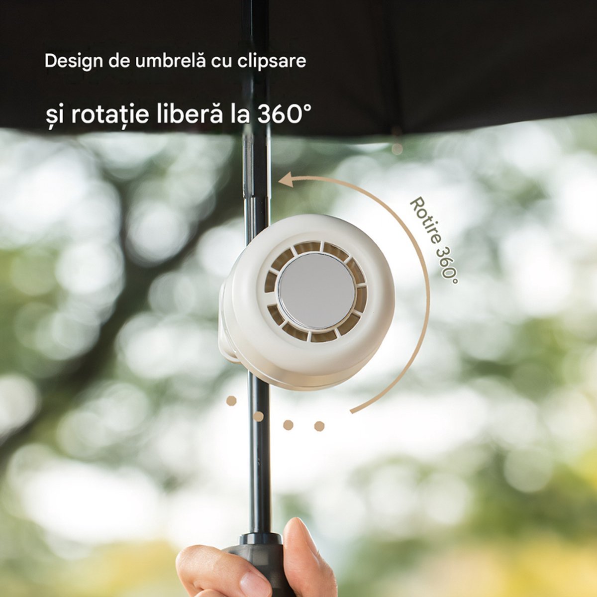 Clipventilator met halfgeleiderkoeling, 5 gebruiksstanden, 360° draaibaar, oplaadbaar via USB, afmetingen 66×66×73 mm, gewicht 135 g, draagbare ventilator voor buiten