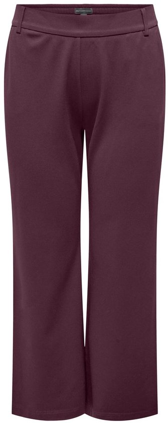 Bordeauxrode broek met rechte pijpen en een elastische tailleband, gefotografeerd op een witte achtergrond.