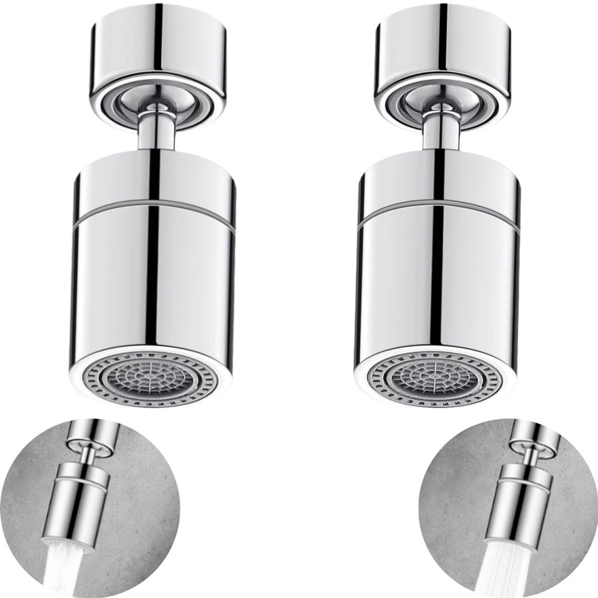 2 stuks - Kraanbeluchter - 360° draaibare kraanuitloop - Draaibare beluchtermondstuk - Spatwaterdichte kraanverlenger - 2 sproeistanden - M22 buitendraad - Kraanaccessoire - Zilver - 24 x 63 mm - Geschikt voor het wassen van gezicht en handen