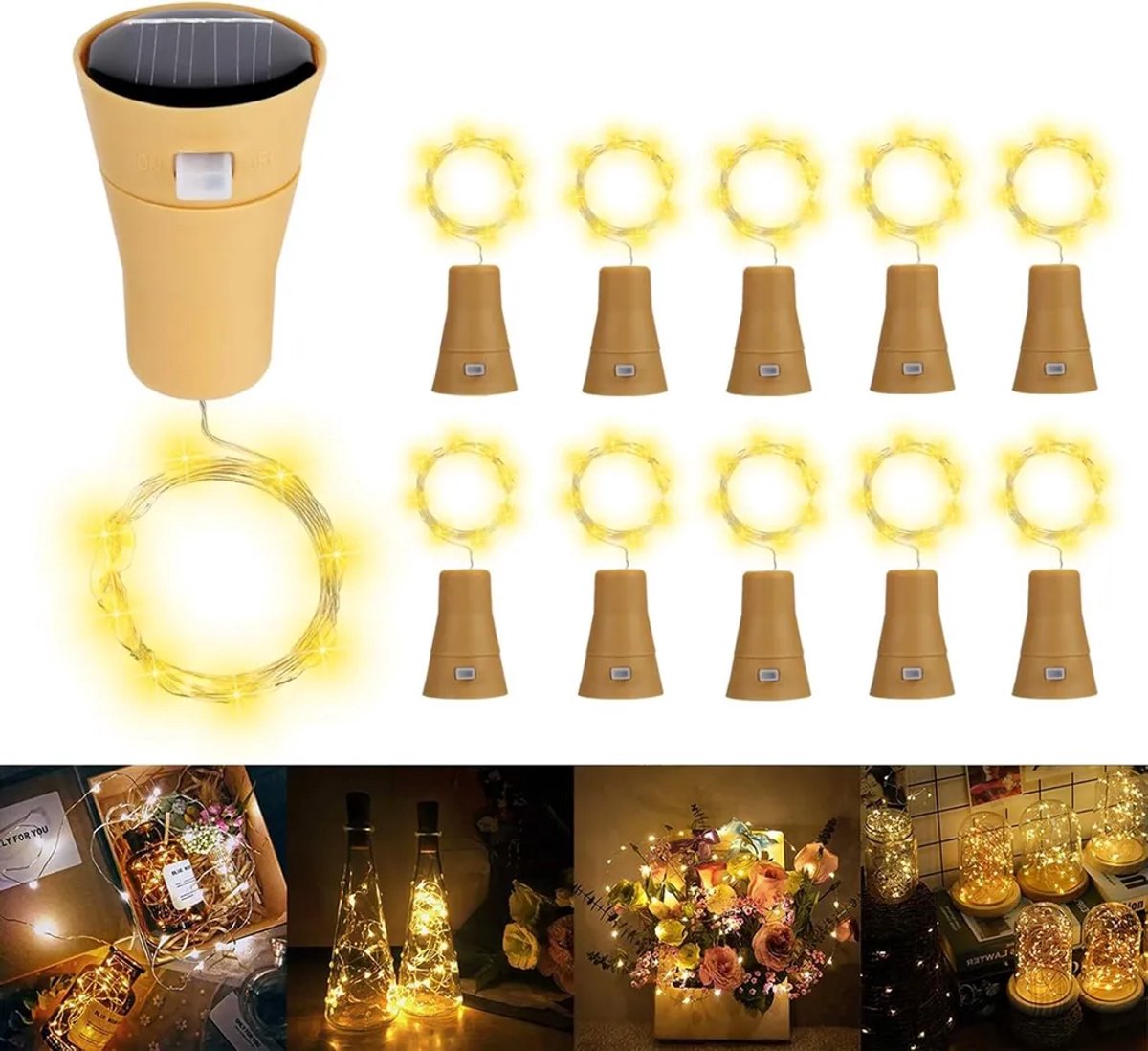 10 LED-fleslampjes op zonne-energie, kurkvormig, stervormig lichtsnoer, gemaakt van koperdraad, Geschikt voor doe-het-zelf flesdecoraties, bruiloften en kerstversieringen.