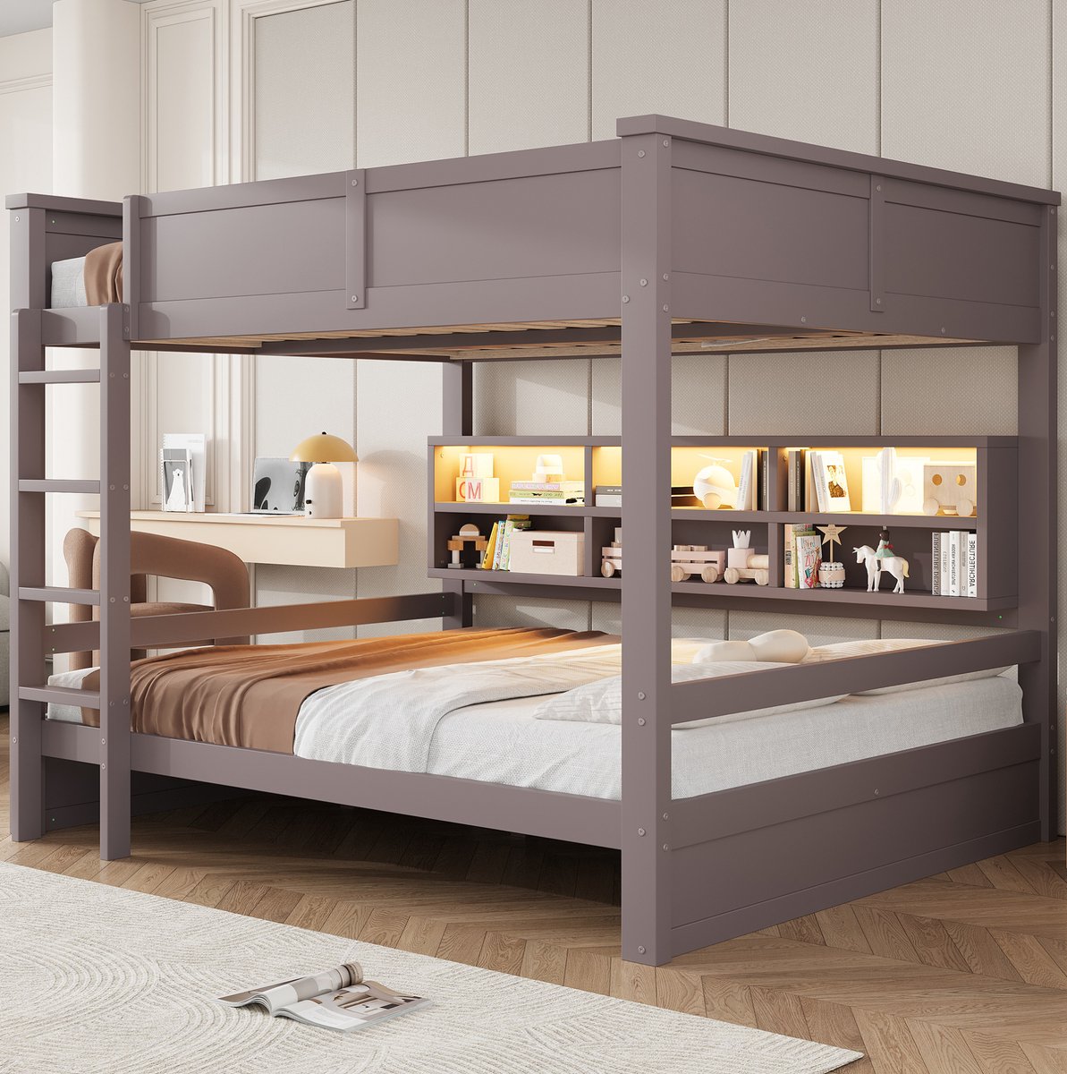 STILVORA Stapelbed 160x200 cm – 6 Opbergkasten En Led-Licht – Met Ladder En Veiligheidshek – Hout En MDF – Bruin – Zonder Matras