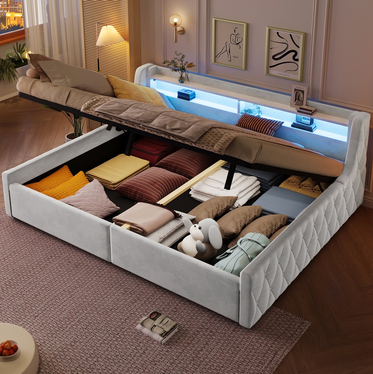 STILVORA Bed 140x200 cm – LED-Hoofdbord Met Sfeerverlichting – Hydraulische Opbergruimte – Voor Slaapkamer En Logeerkamer – Stof – Beige – Zonder Matras
