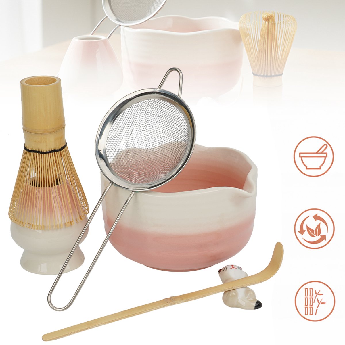 6-Delige Roze Matcha Ceremonie Set - Kom Bamboe Garde Zeef Schep En Kattenvormige Lepelhouder - Gladde Glazuurlaag Gemakkelijk Schoon Te Maken - Perfect Cadeau Voor Theeliefhebbers