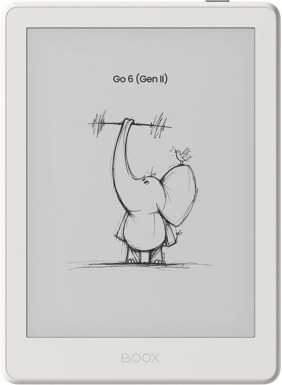 Witte BOOX e-reader, voorzijde met scherm dat 'Go 6 (Gen II)' en een olifant-tekening toont.