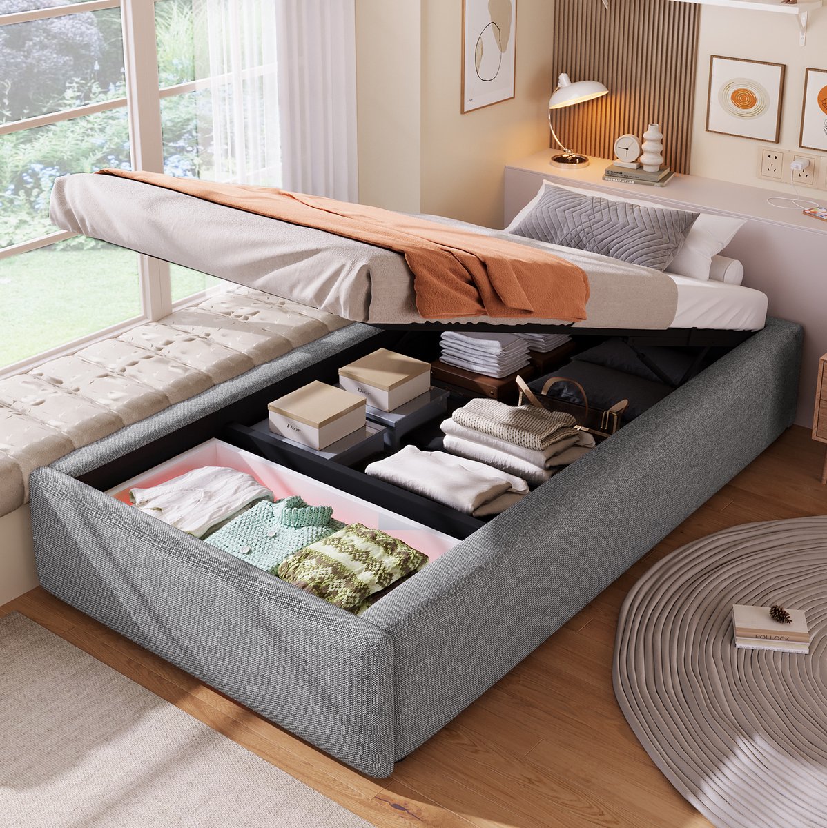 STILVORA Bed 90x200 cm – Hydraulische Opbergruimte met Bedlade – Zonder Hoofdbord – Voor Slaapkamer of Logeerkamer – Stof – Grijs – Zonder matras