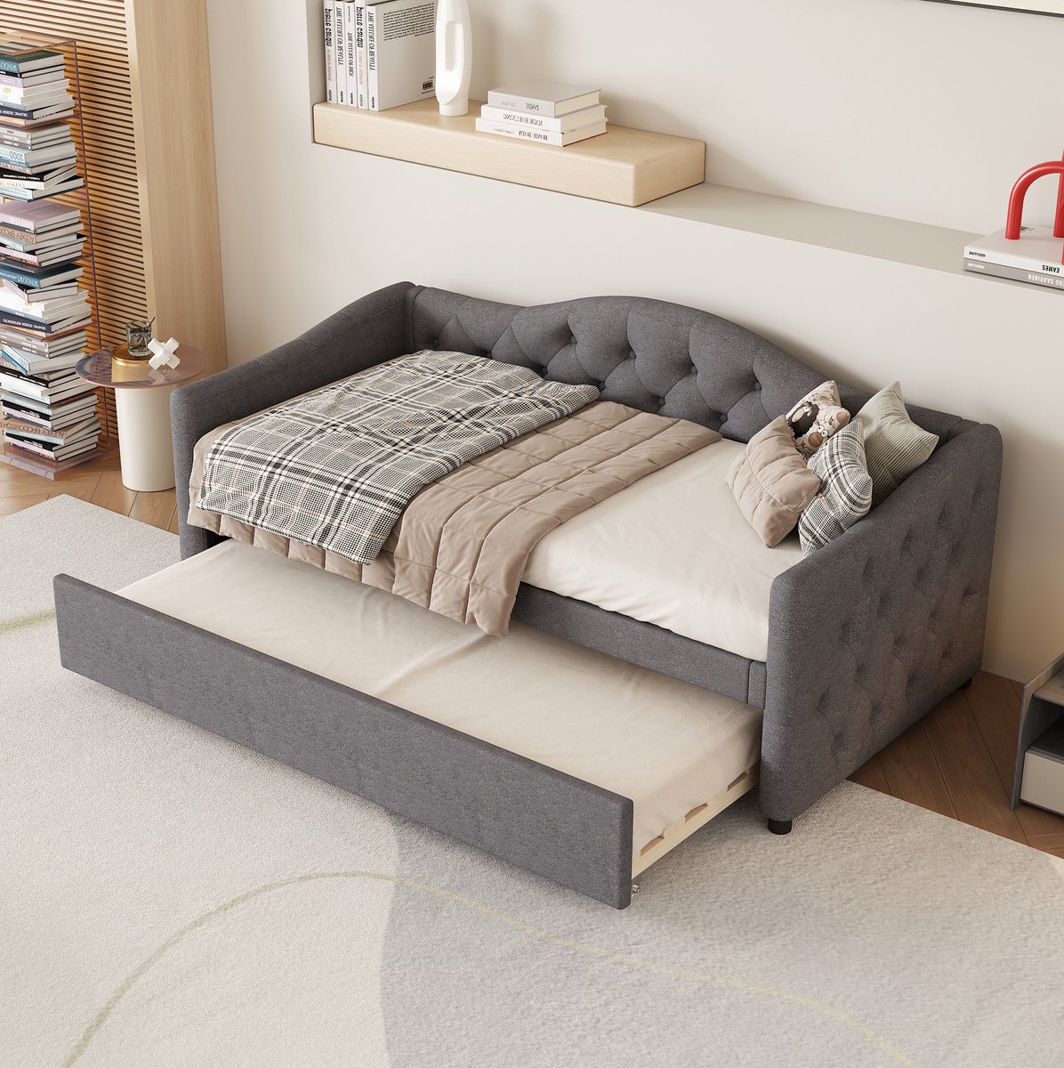 STILVORA Bedbank 90x200 cm – Uitschuifbaar Eenpersoonsbed Met Onderschuifbed – Voor Woonkamer Of Slaapkamer – Zonder Matras – Stof En MDF – Grijs
