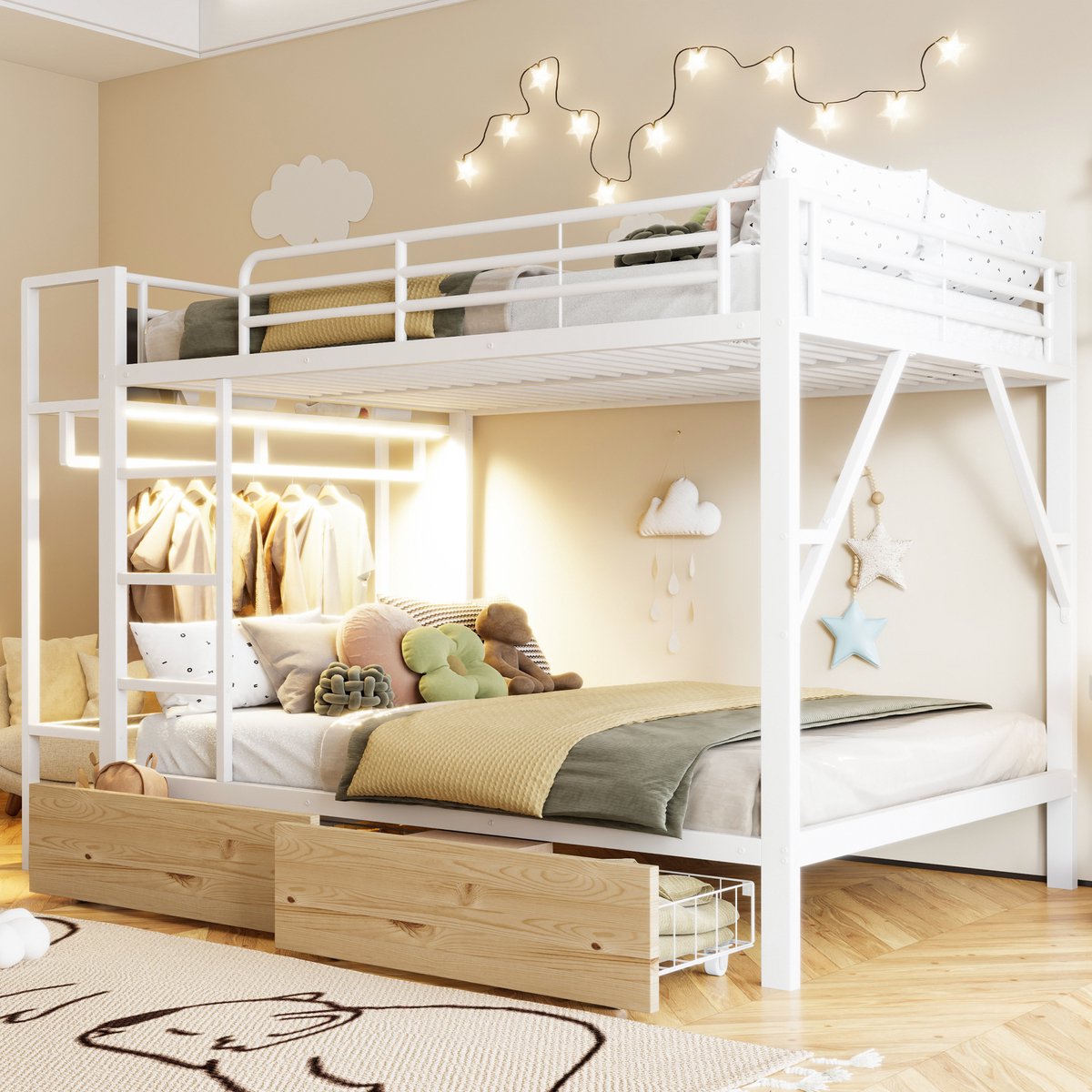 KOMHTOM - Stapelbed - 140 x 200 cm - IJzeren frame met 2 lades en meerdere opbergvlakken - LED-lichtstrip en kledingstang - Wit