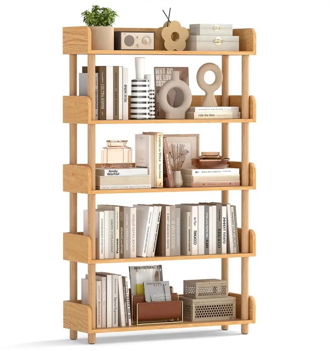 Emvae Kast - Boekenkast - Openkast - Opbergrek - 5-Laags - Grenenhout - 80 x 24 x 130,5 cm - Naturel