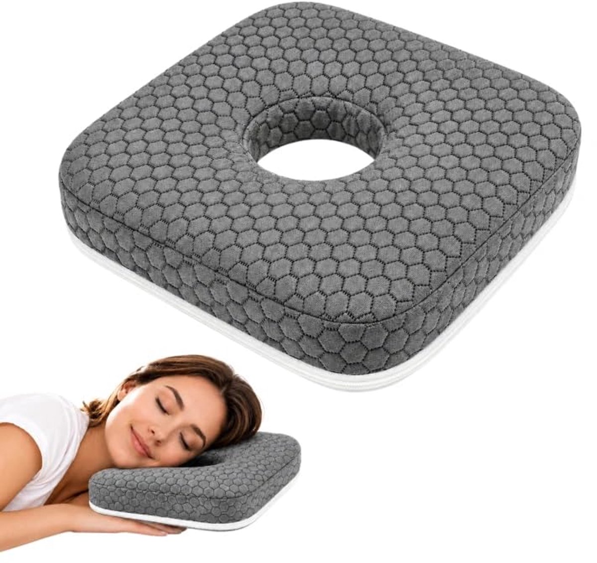 Ryoudavell - Geperforeerd kussen - Oorkussen voor Zijslapers van Traagschuim - hoofdkussen - 23x23x5 cm - Donutkussen - Oorkussen - Oorkussen voor zijslapers - Piercingvriendelijk Oorkussen ter Ontlasting van het Oor - Grijs