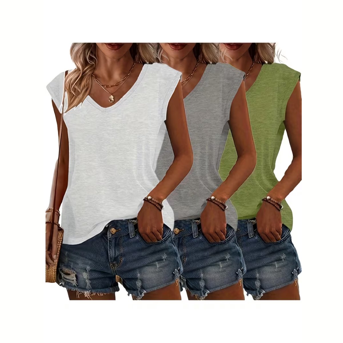 Currero Topje Dames - Top Kleding - Shirt - Blouse - Kort - Volwassen - Wit + Lichtgrijs + Zwart 1XL Wit+lichtgrijs+zwart