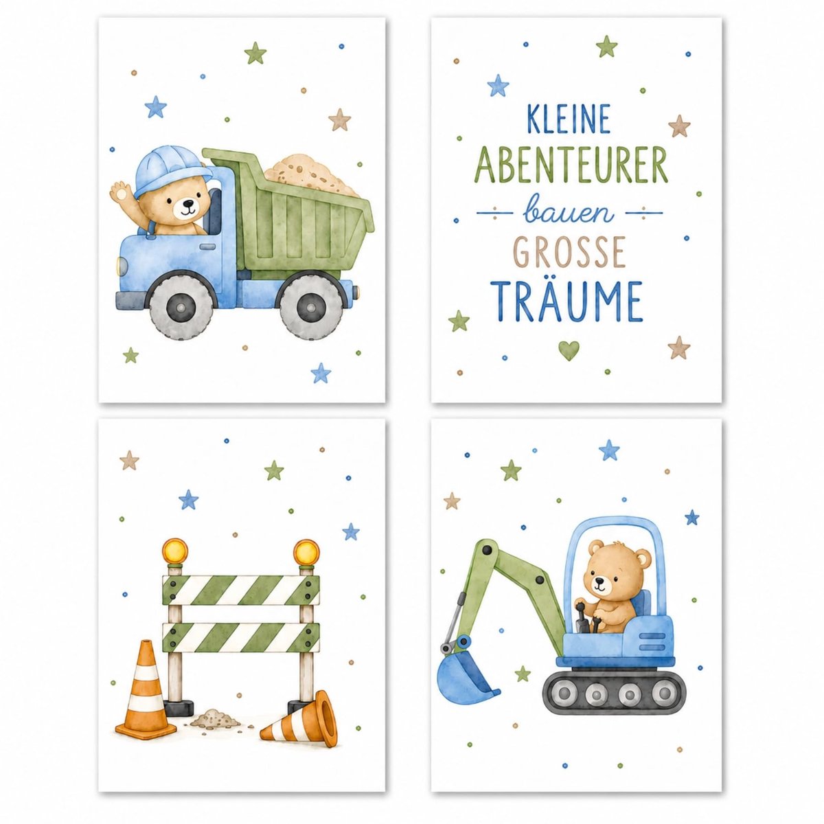 Dailygoods- Kinderkamerposterset Aquarel - Wanddecoratie voor Jongens/Meisjes - Vliegtuig/Graafmachine/Bouwplaats - Heteluchtballon/Beren - Decoratie Baby-/Kinderkamer - Hoogwaardige Posters
