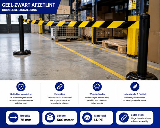 Afzetlint met geel-zwarte diagonale strepen, bevestigd aan zwarte palen in een magazijn. Afmetingen: 75mm breed, 500m lang.