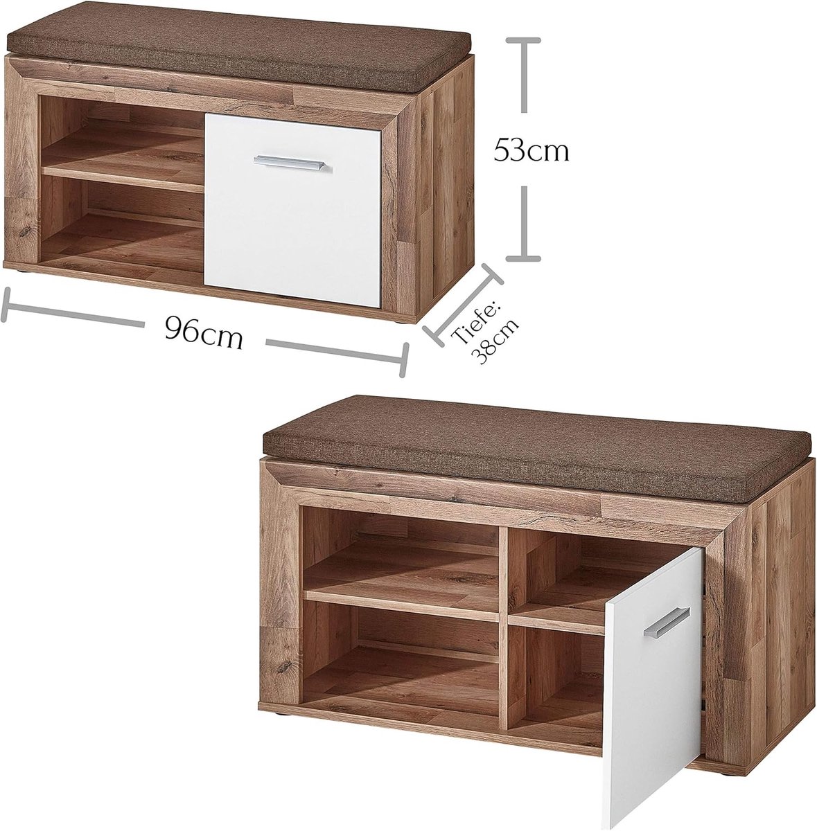 Schoenenbank met Opbergruimte 96 x 53 x 38 cm – ComfortSeat Yaki Oak Wit – Halbank met Zitkussen, Schoenenkast, Schoenenrek, Opbergbank voor Hal en Entree – Mobili Bella