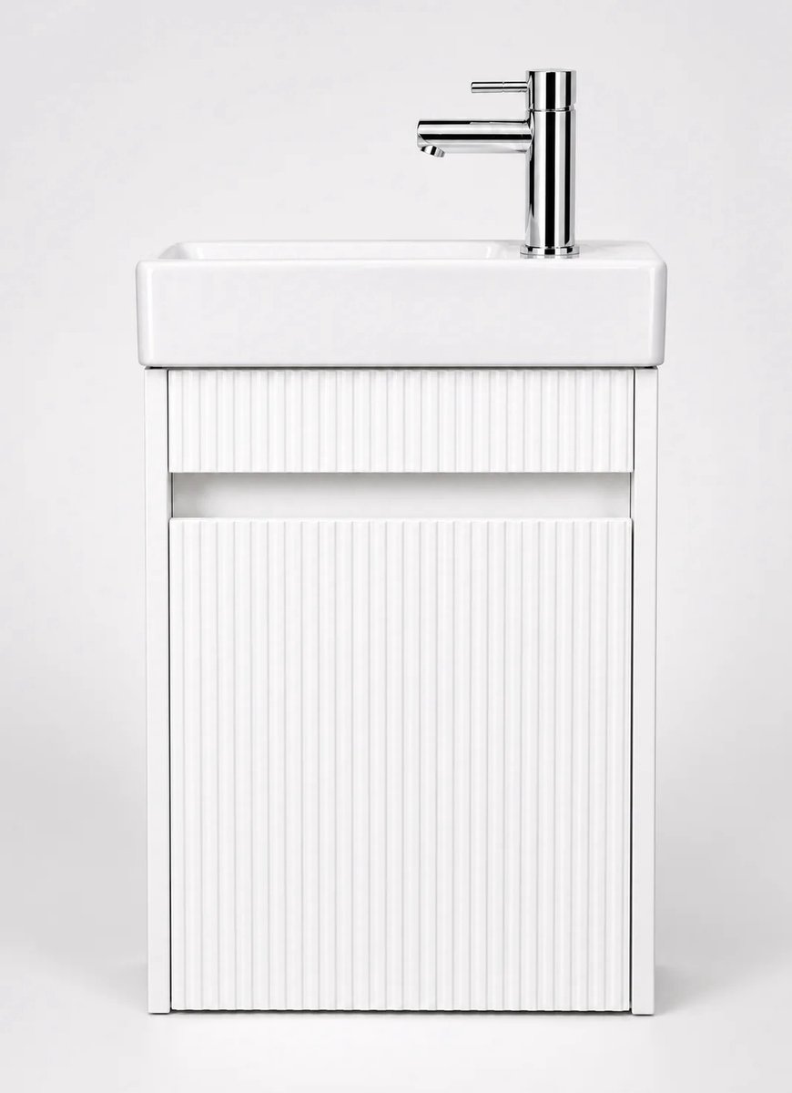 Zimmer Toiletmeubelset Hoogglans Wit Geribbeld 40 cm | Inclusief Chroom Kraan, Sifon & Pop-up Waste | Keramische Wastafel | Wandhangend Fonteinmeubel | 40 x 22,5 x 63 cm