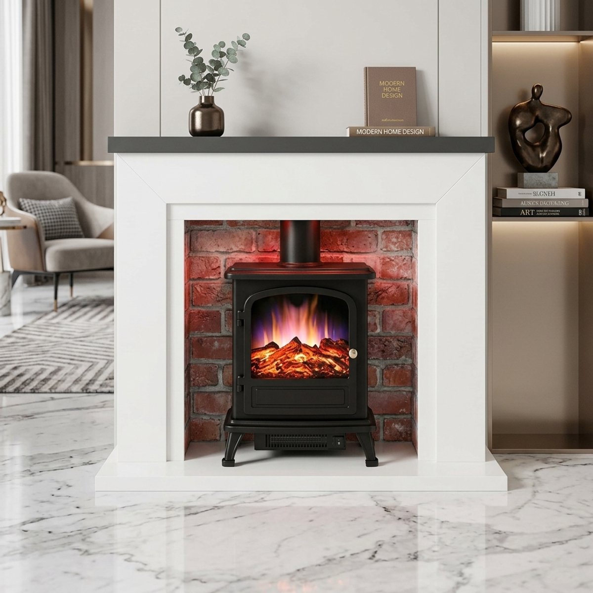 Luxe Farlington 48 inch Elektrische Sfeerhaard met Omranding – Vrijstaande LED Haard met 3D Steenlook, 13 Kleuren Downlights, Afstandsbediening, Thermostaat en 1000W/2000W Verwarming – Medahomestore