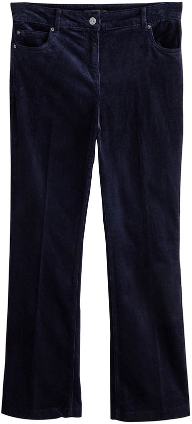 Donkerblauwe corduroy bootcut broek, geïsoleerd op een witte achtergrond.