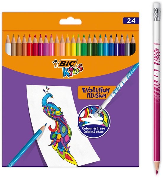Doos met 24 BIC Kids Illusion kleurpotloden, met een pauw tekening.
